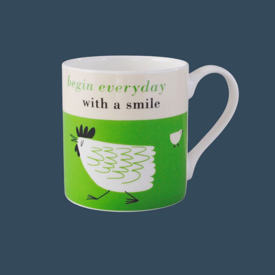 begin every day with a smile green mug with hen