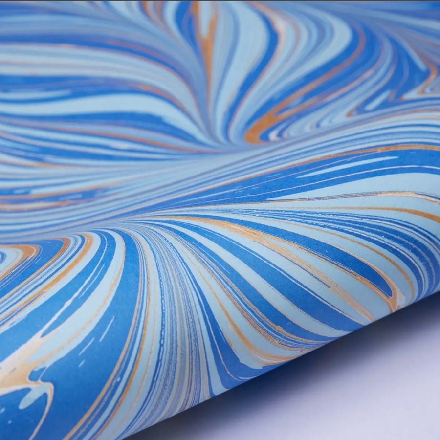 Fountain Waves Blue & Gold Hand Marbled Paper