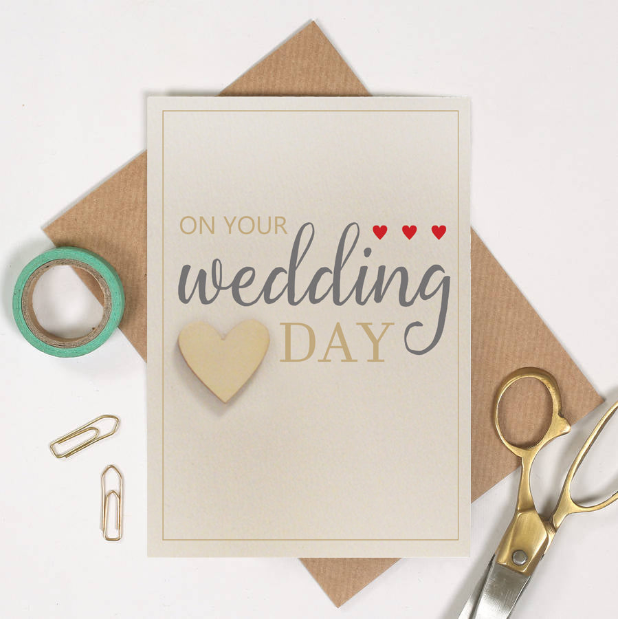 Wedding Day Card with wooden heart token