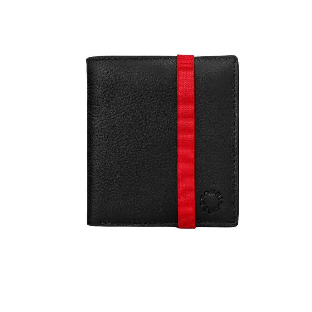 Black Leather Wallet with Red Elastic fastening