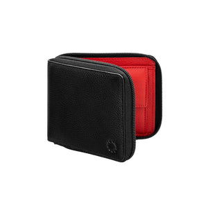 Black Leather Zip Around Wallet with Red Interior