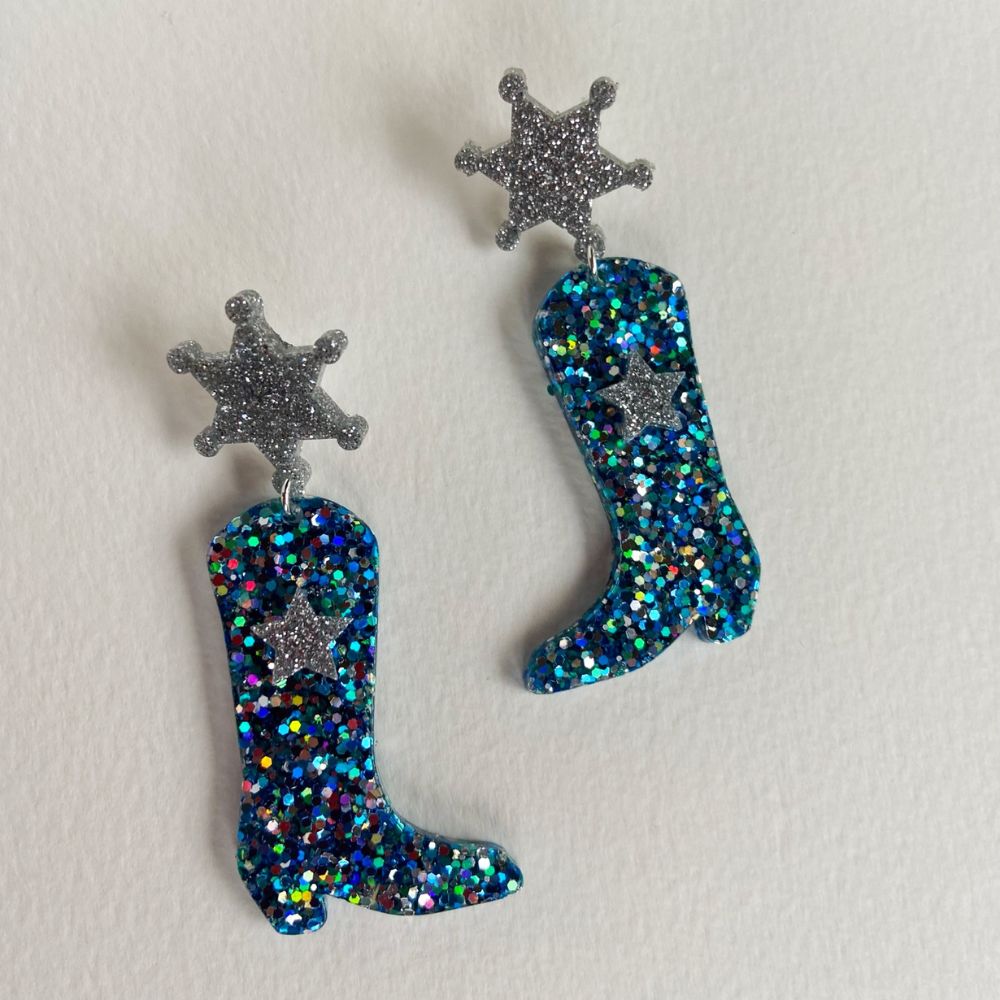 Blue Cowboy Boot Glitter Earrings