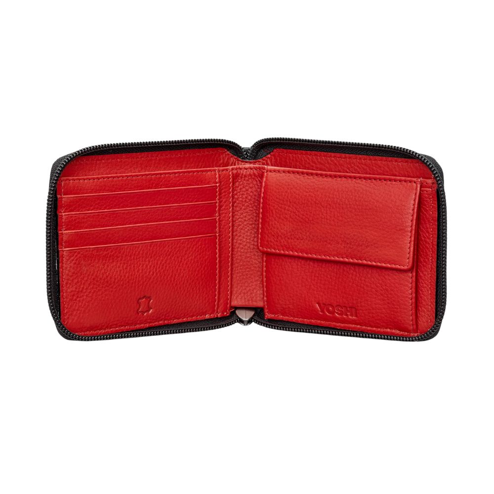 Black Leather Zip Around Wallet with Red Interior