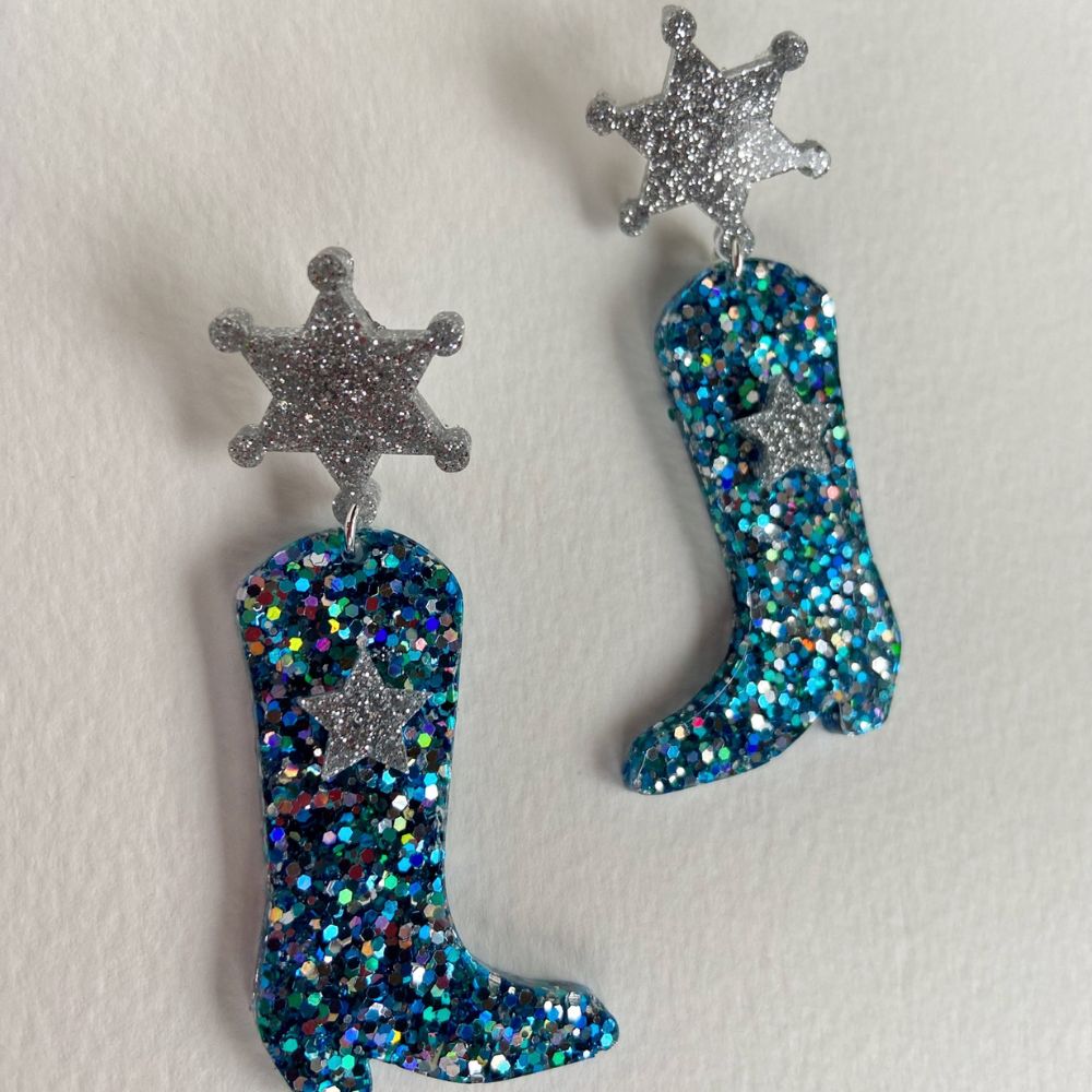 Blue Cowboy Boot Glitter Earrings