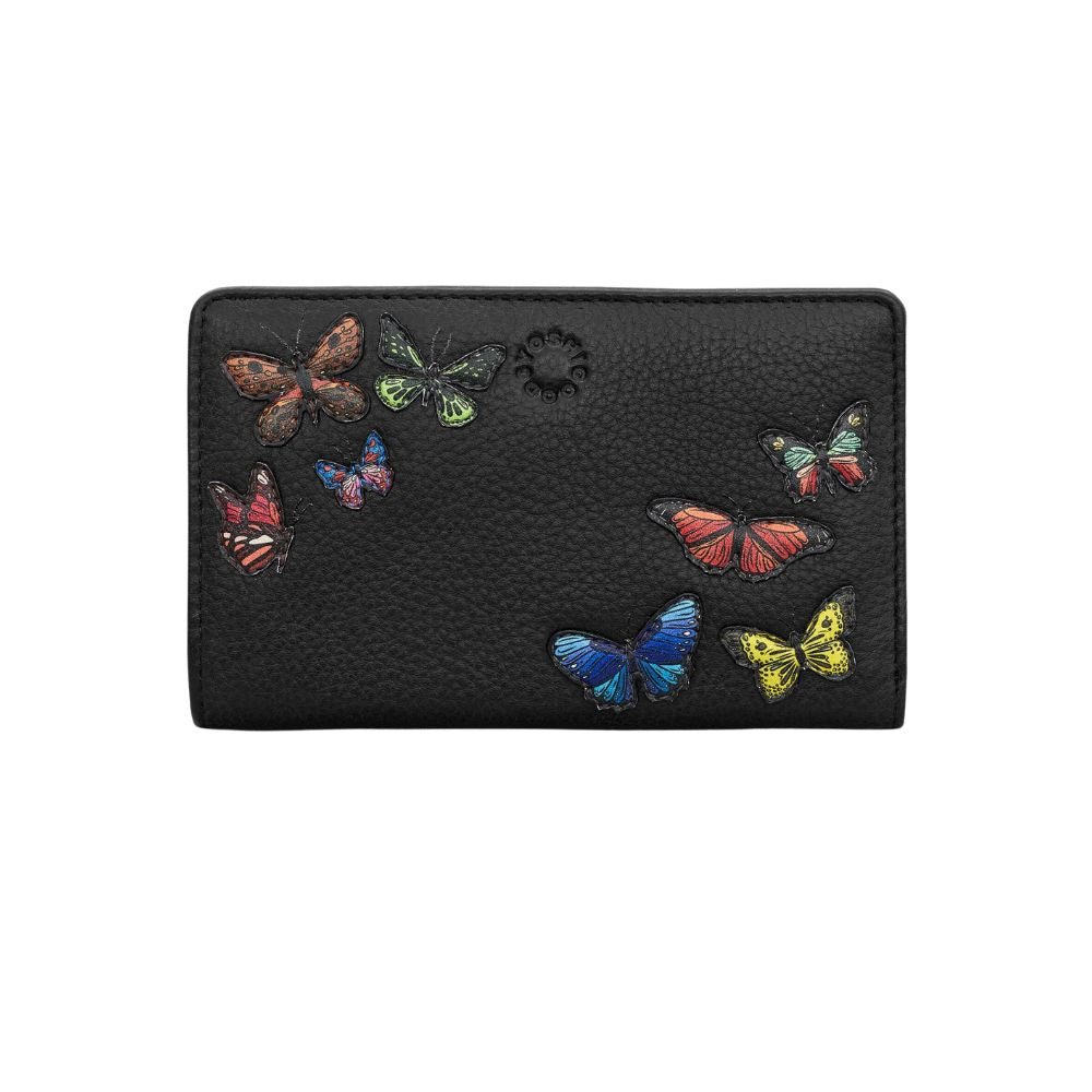 Butterflies Zip Around Black Leather Purse