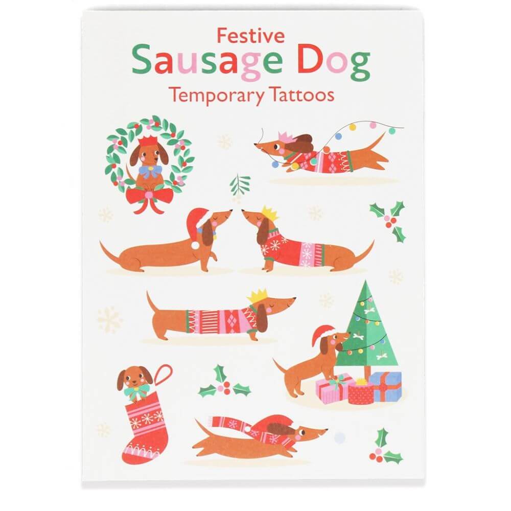 Sausage dog temporary tattoo images  in various christmas outfits