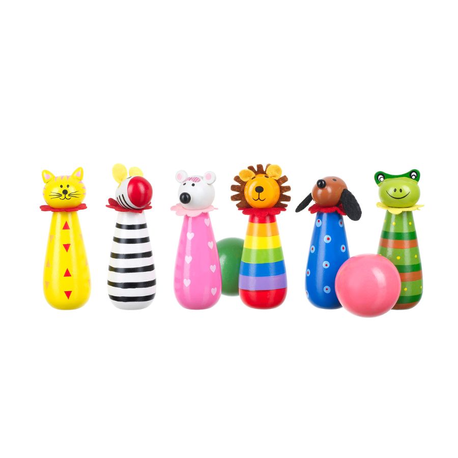 A set of wooden animal skittles for kids