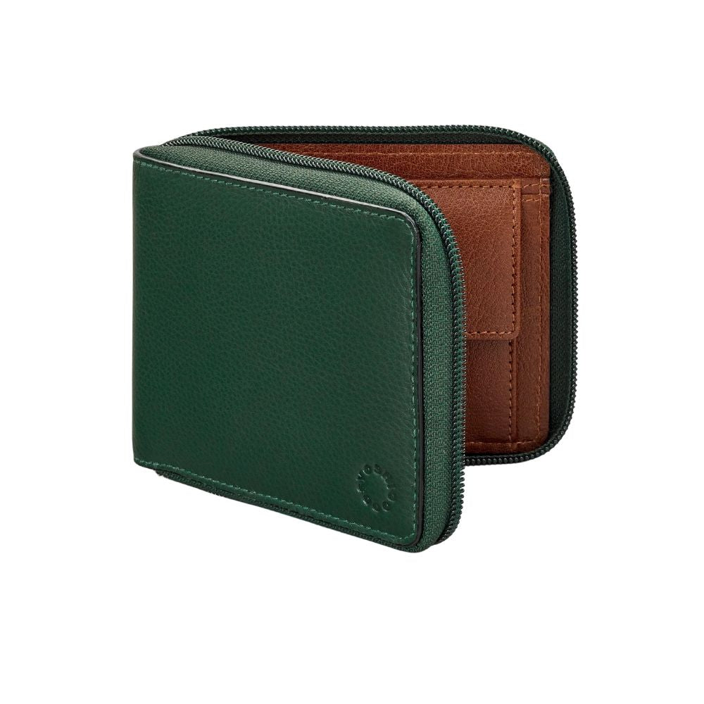 Green & Brown Leather Zip Around Wallet