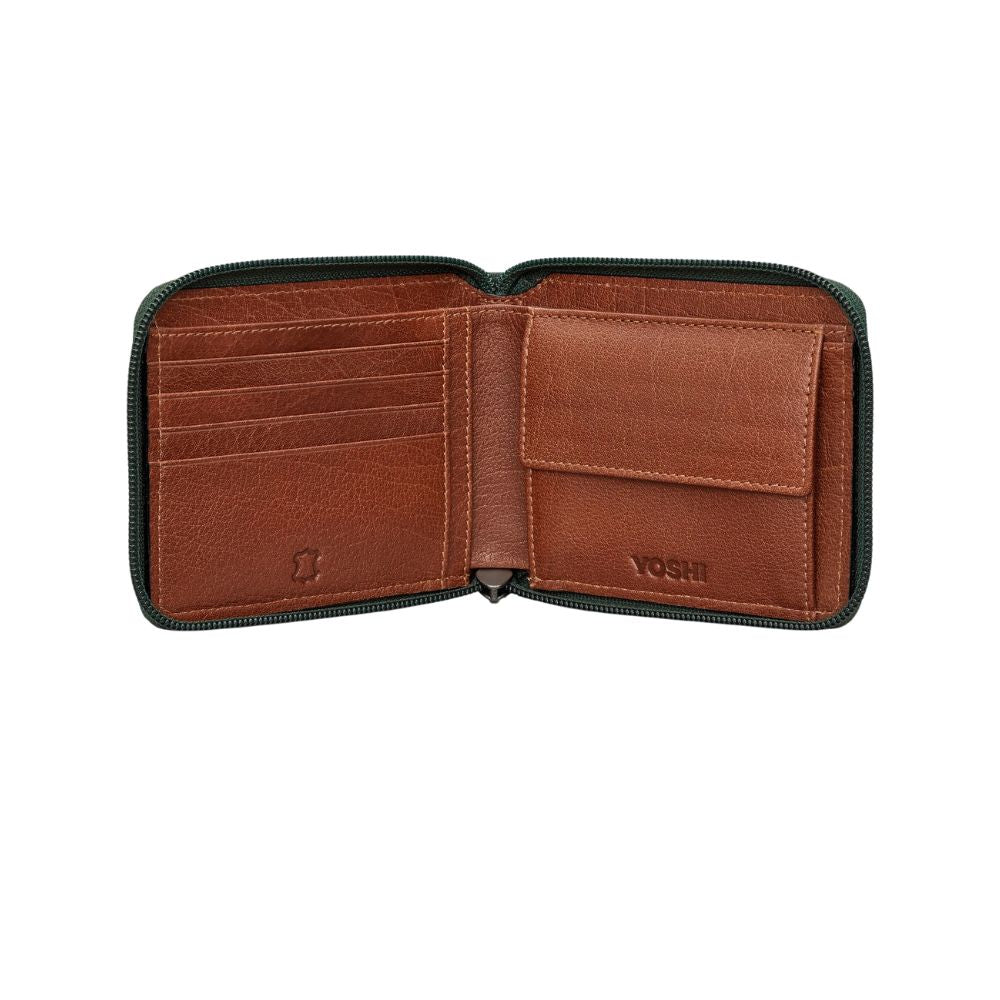 Green & Brown Leather Zip Around Wallet