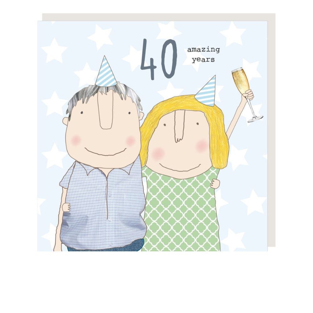 40 year anniversary card a couple wearing party hats 