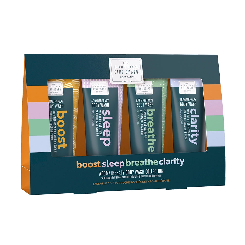 Packaged set of Aromatherapy Body Wash with 'boost', 'sleep', 'breathe', and 'clarity' labels on a white background.