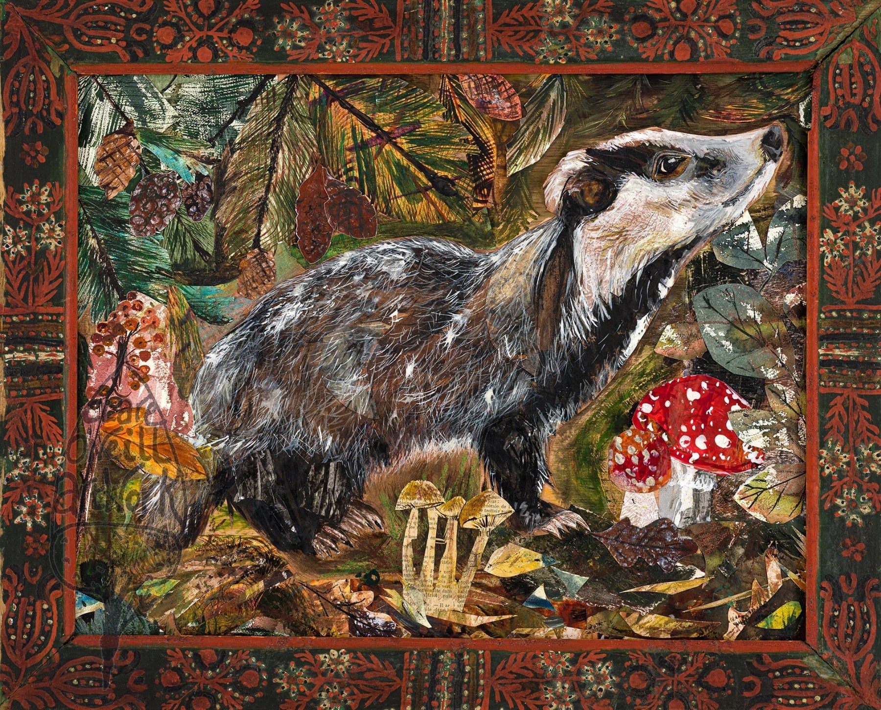 Collage of a badger with nature elements and decorative border