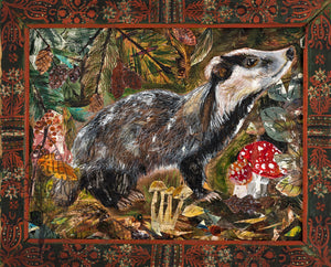 Collage of a badger with nature elements and decorative border