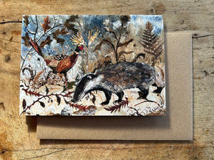 Badger & Pheasant Greeting Card in Autumn colours