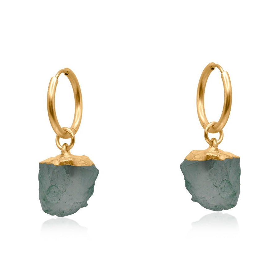 Gold hoop earrings with green stone drops on a white background