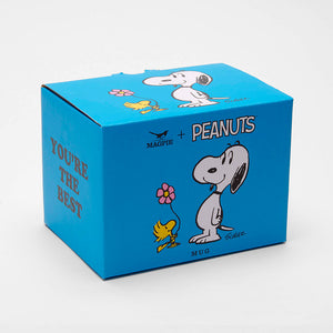Blue box with Snoopy and Woodstock design on a white background