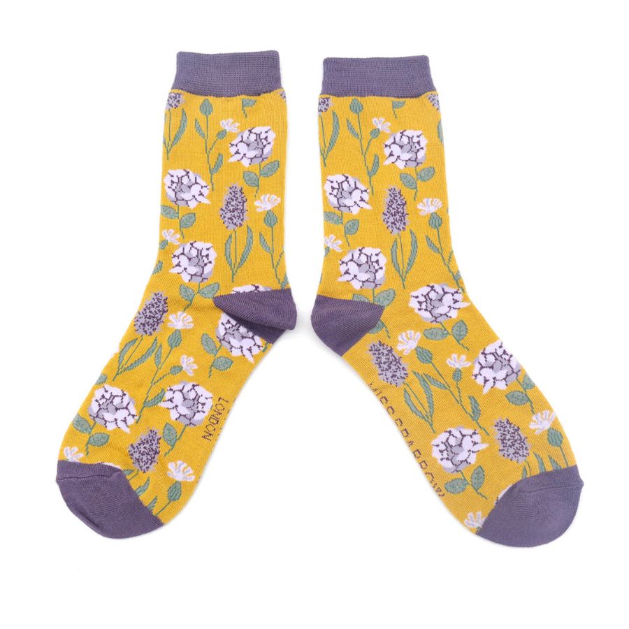 Womens Socks Botany Flowers -Mustard