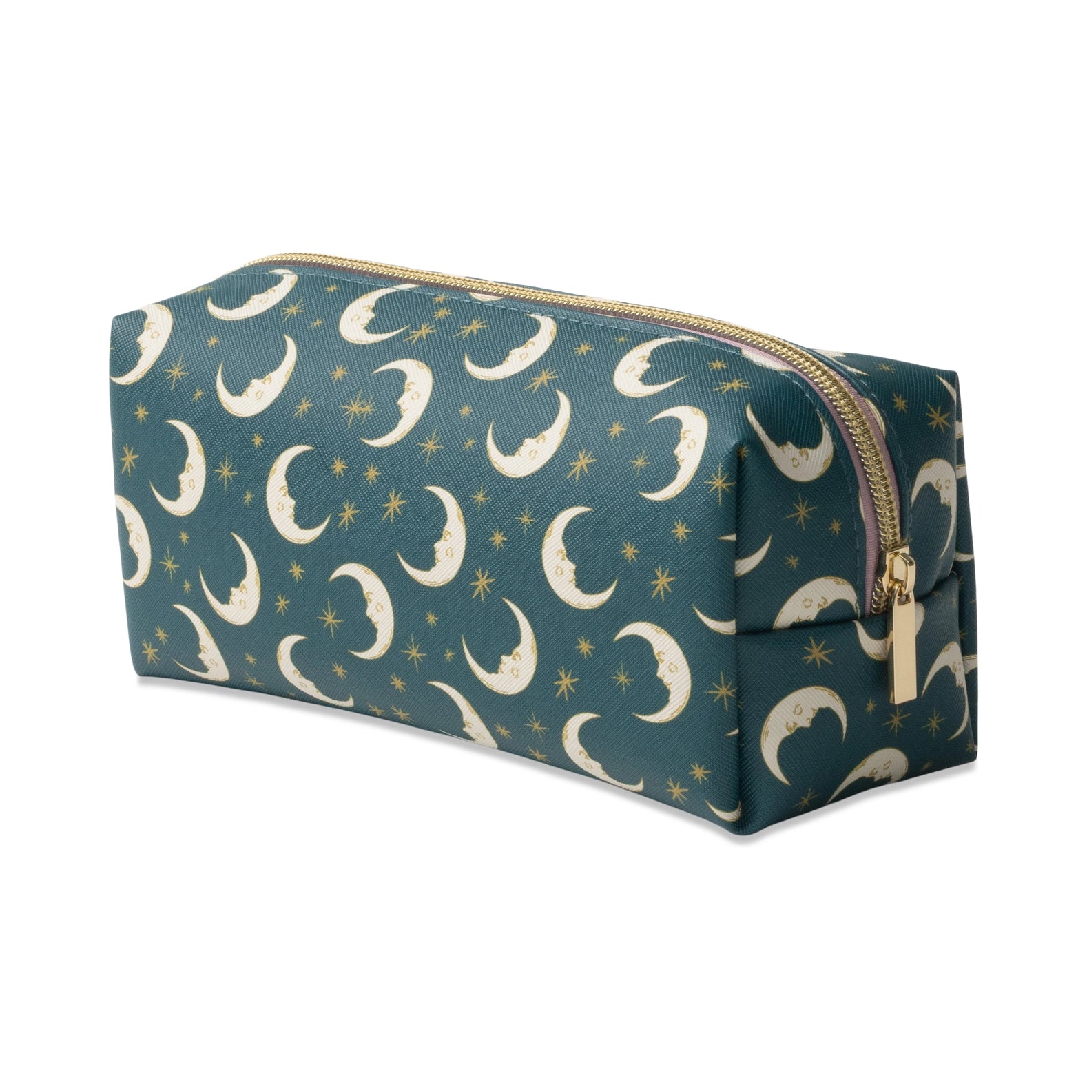 Cosmetic bag with moon and star pattern on a teal background