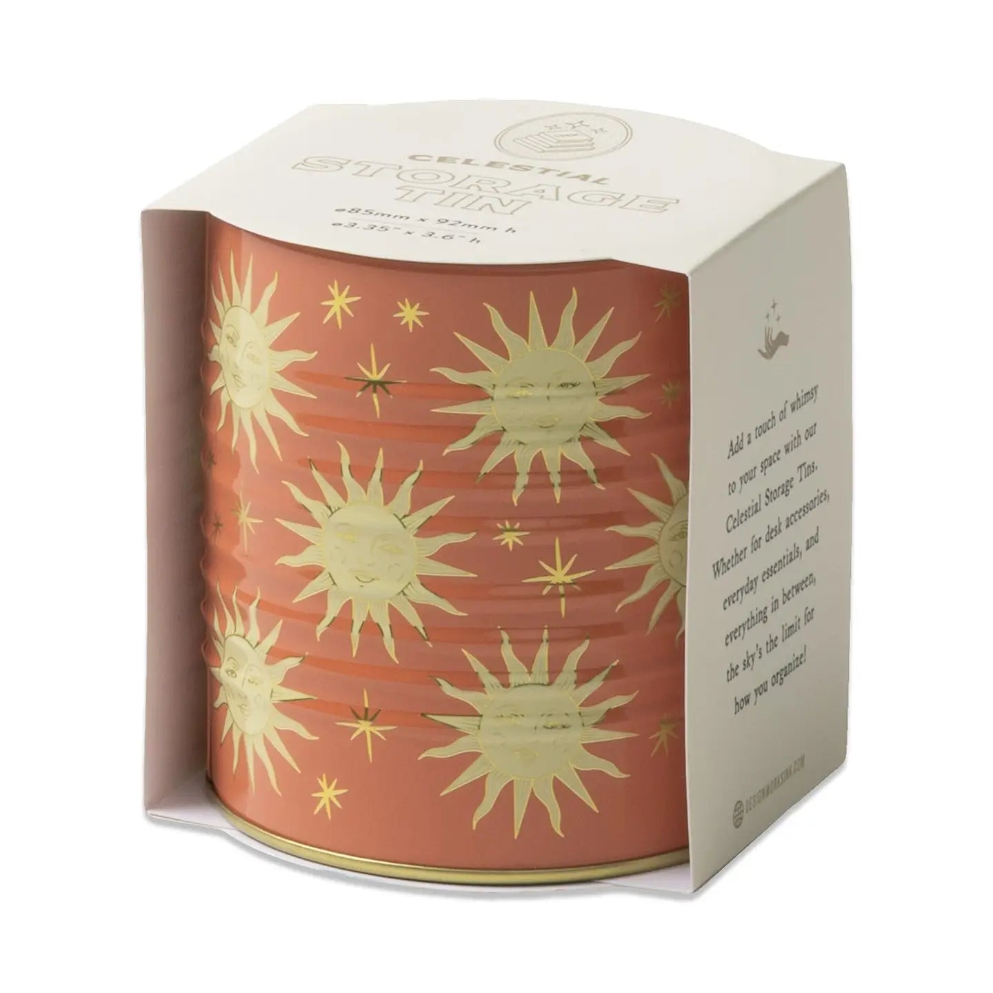 Candle in a decorative box with sun patterns on a white background