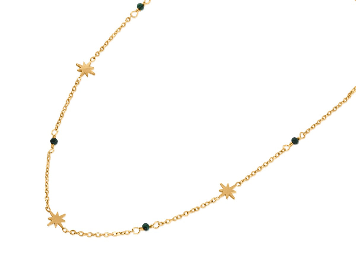Gold necklace with star-shaped pendants on a white background