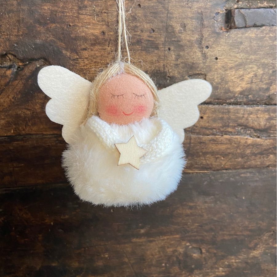 Pom Pom Angel with Star decoration - cream