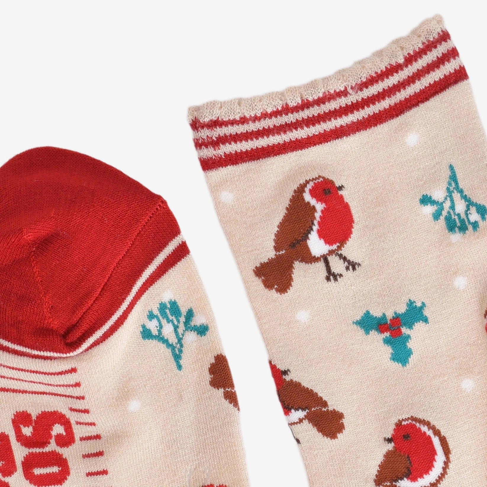 details of cream socks with red robins