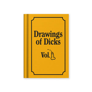 Book titled 'Drawings of Dicks' with a yellow cover and black text on a white background