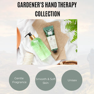 Gardener's Hand Therapy Collection with hand cream and lotion on a white cloth background.
