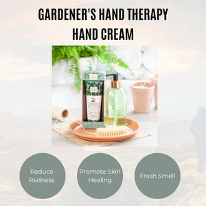 Gardener's hand therapy hand cream with product and benefits displayed.