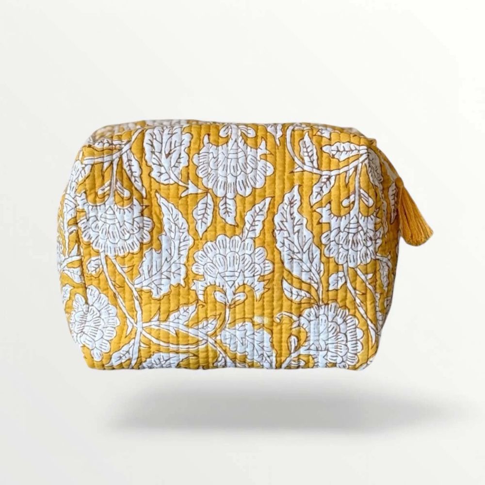 Block Printed Quilted Cosmetic Bag - Gold