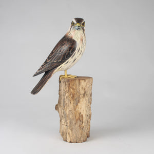 Kestrel  sculpture perched on a wooden stump against a plain background