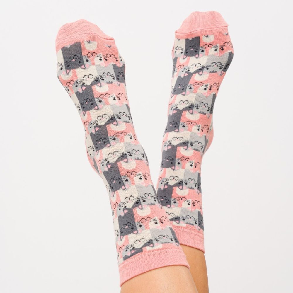 Womens Happy Cats Socks -Dusky Pink