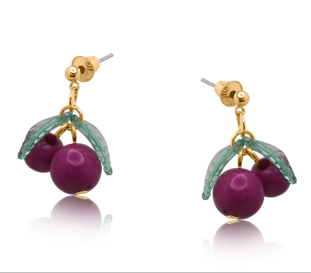 Cherry-themed earrings with gold branches on a white background
