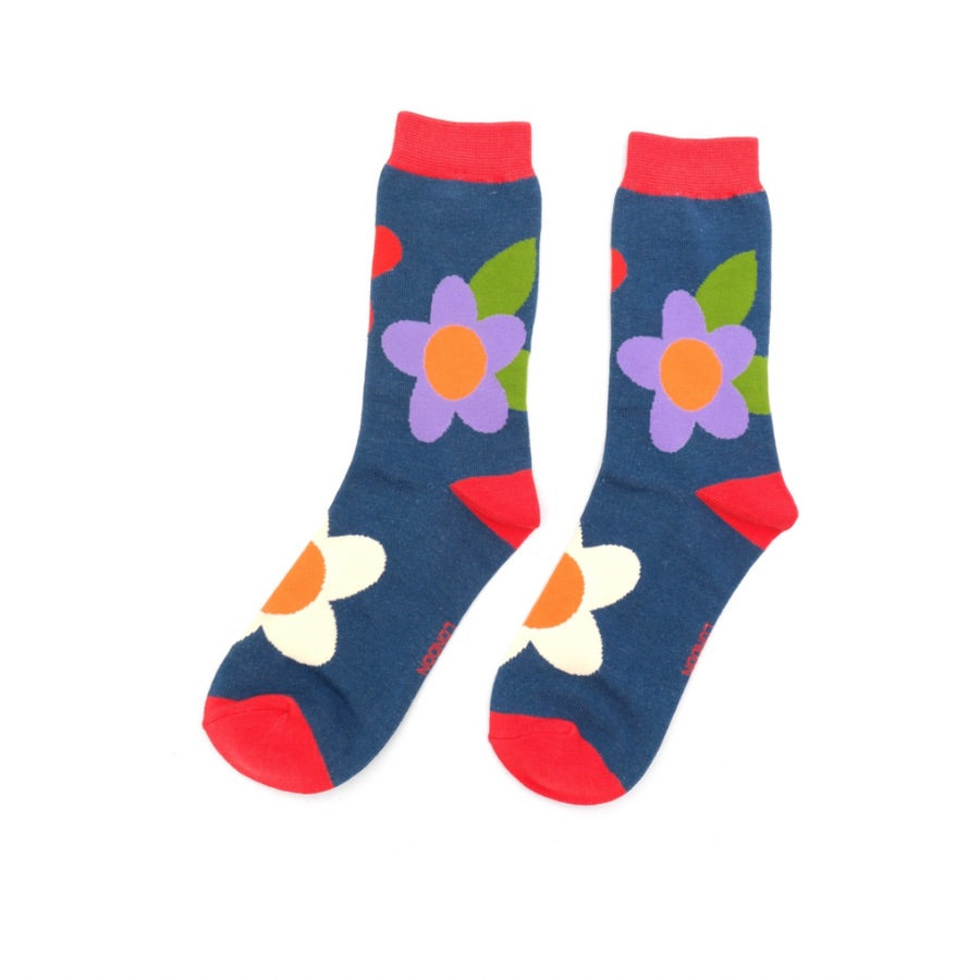 Womens Socks  Large Flowers - Navy