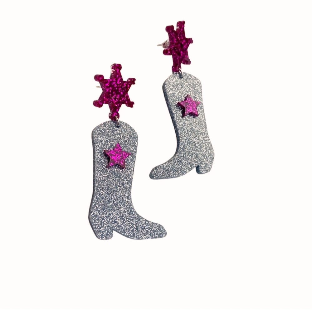 Silver Cowboy Boot Glitter Earrings