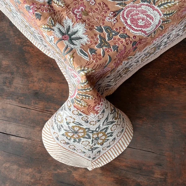 Peach & Green Floral Block Print Tablecloth