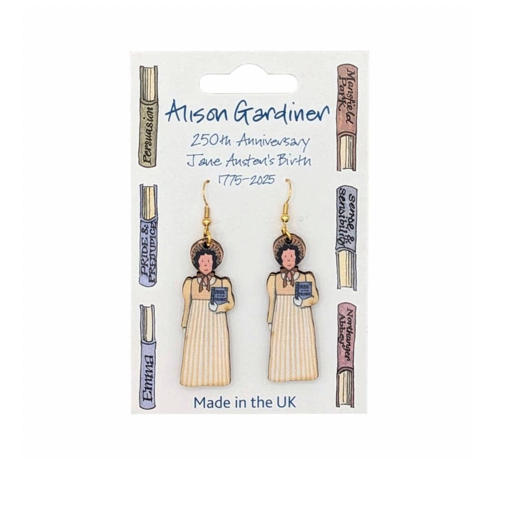 A pair of drop earrings depicting Jane Austen holding a book. 