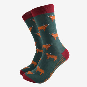 Mens Green Highland Cow Socks