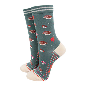 Womens Sage Green Hedgehog & Toadstool  Socks