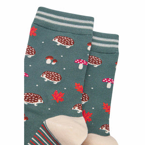 Womens Sage Green Hedgehog & Toadstool  Socks