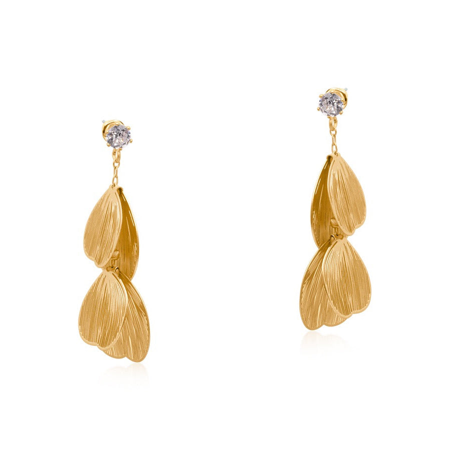 Gold earrings with leaf-like design on a white background