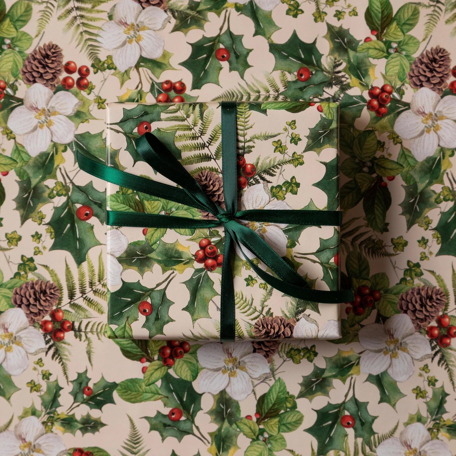 Christmas Wrapping Paper - Holly Berries Green Floral