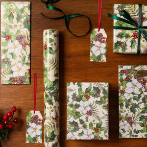 Christmas Wrapping Paper - Holly Berries Green Floral