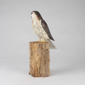Kestrel bird sculpture on a wooden base against a gray background