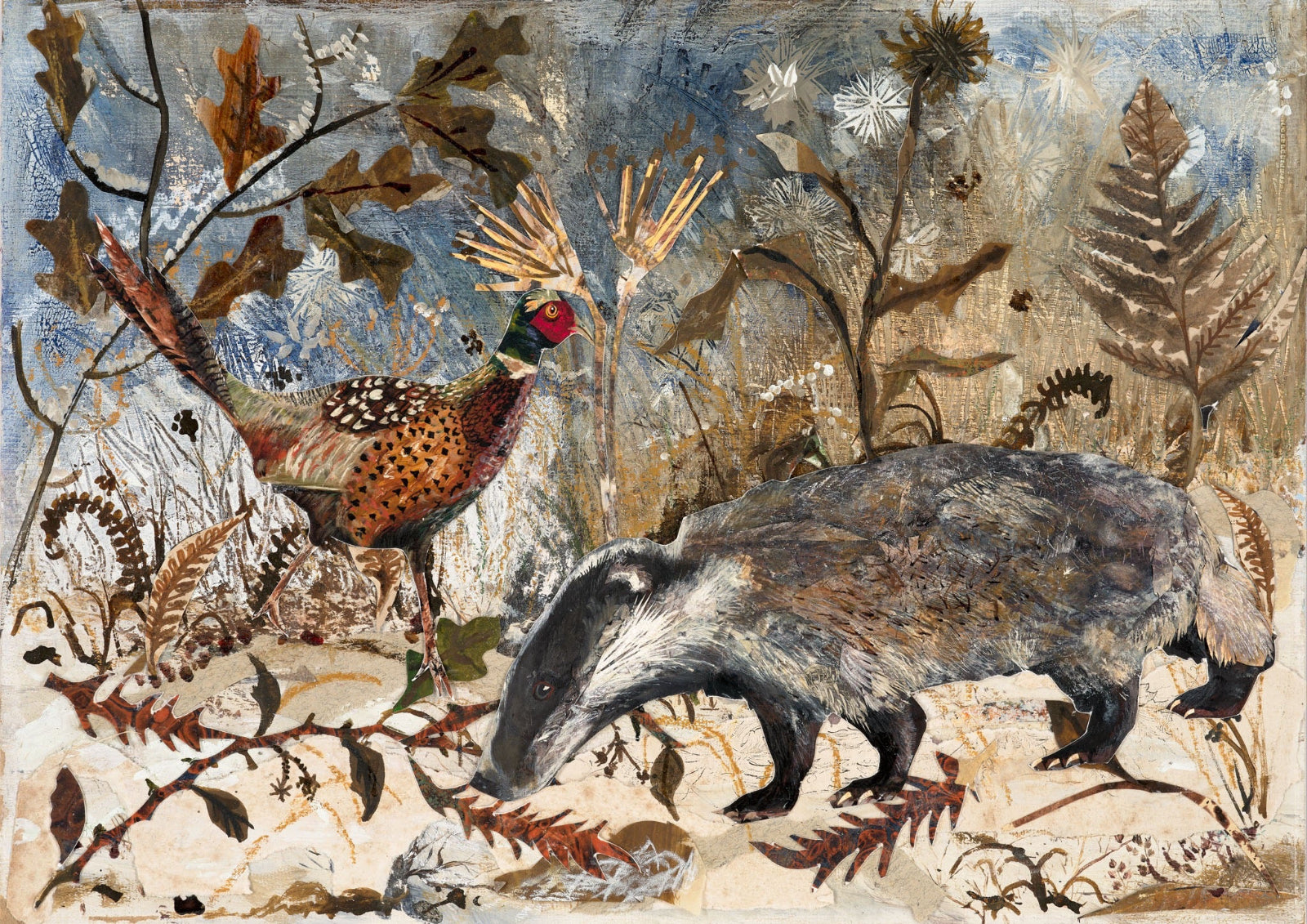 Large card with illustration of Badger and Pheasant in autumn colours