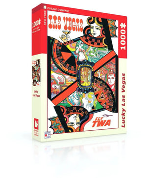 A 1000-piece Lucky Las Vegas Jigsaw Puzzle box featuring vibrant, colorful artwork with a fantasy casino scene on the cover.