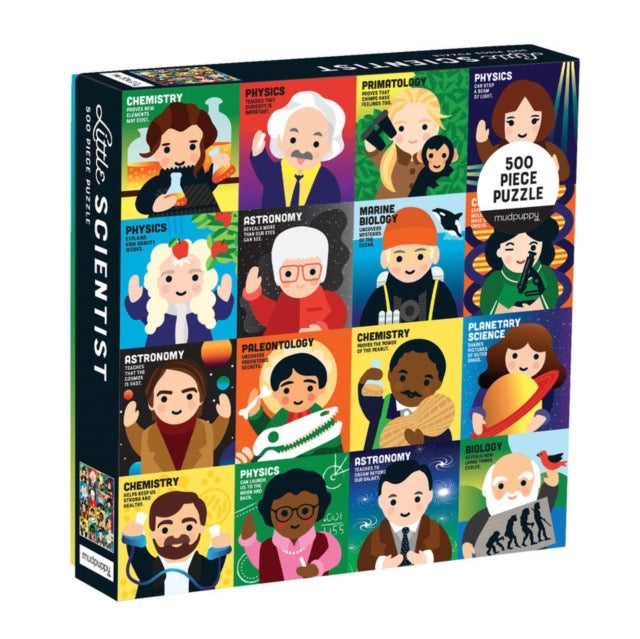 Square box with illustrations of famous scientists 