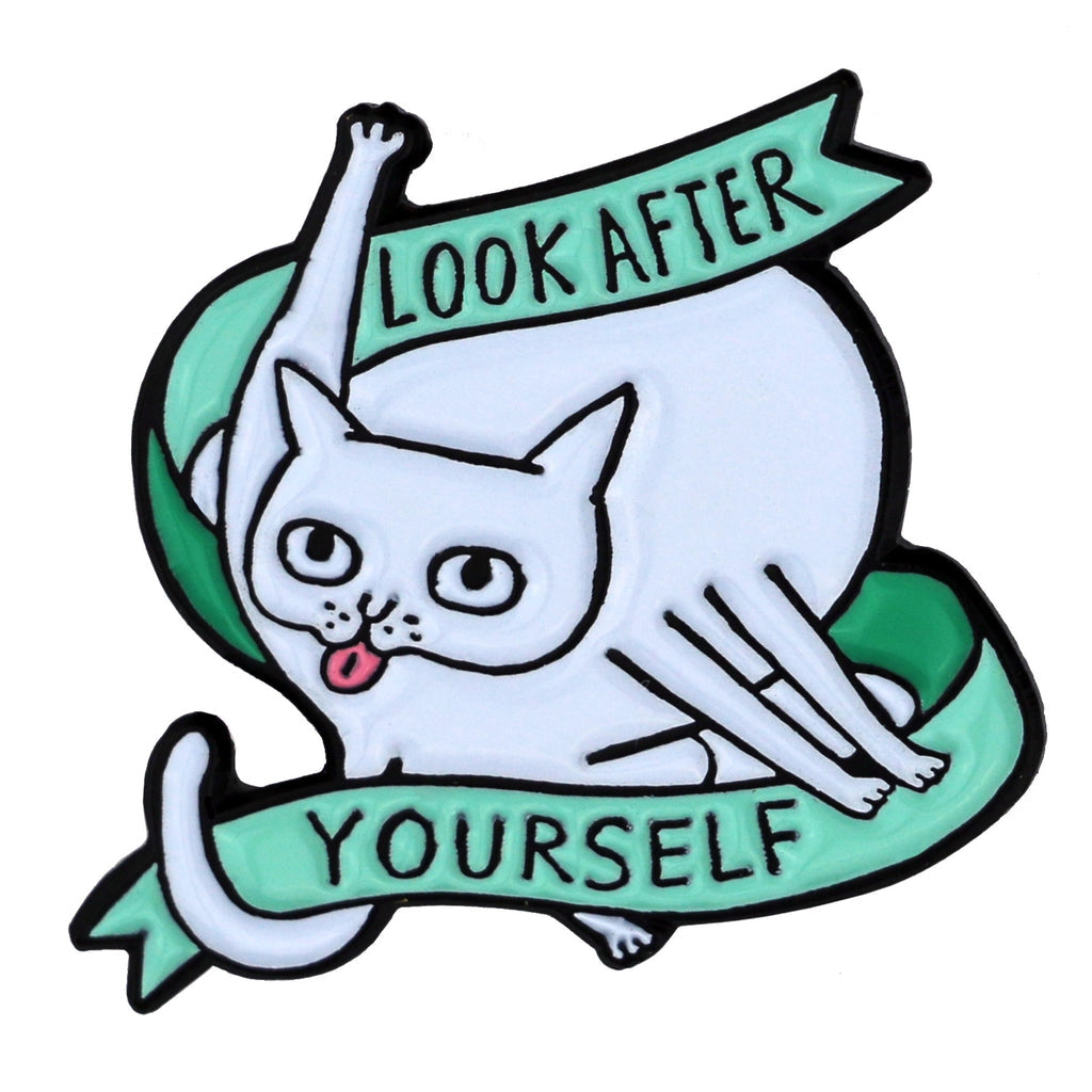 Cat illustration with 'Look After Yourself' text on a green background