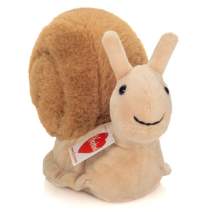 Plush snail toy with a visible tag on a white background