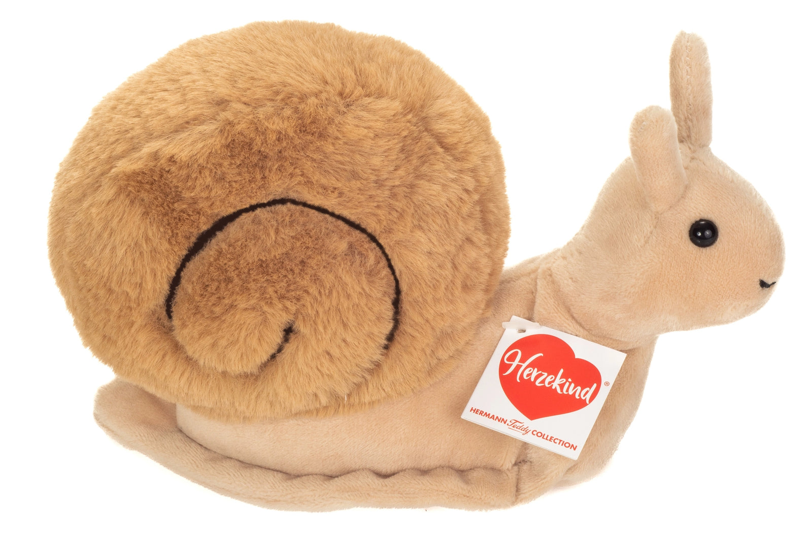 Plush toy snail with a visible brand tag on a white background